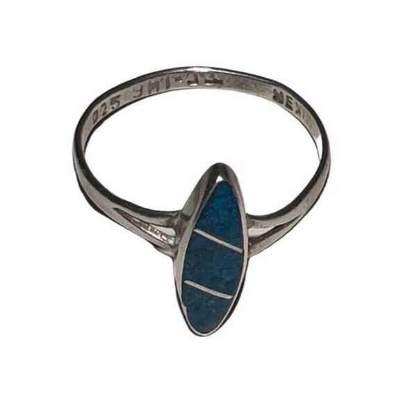 Sterling Silver 925 Ring Mexico Southwest Marquise Crushed Turquoise Jewelry - Picture 2 of 4